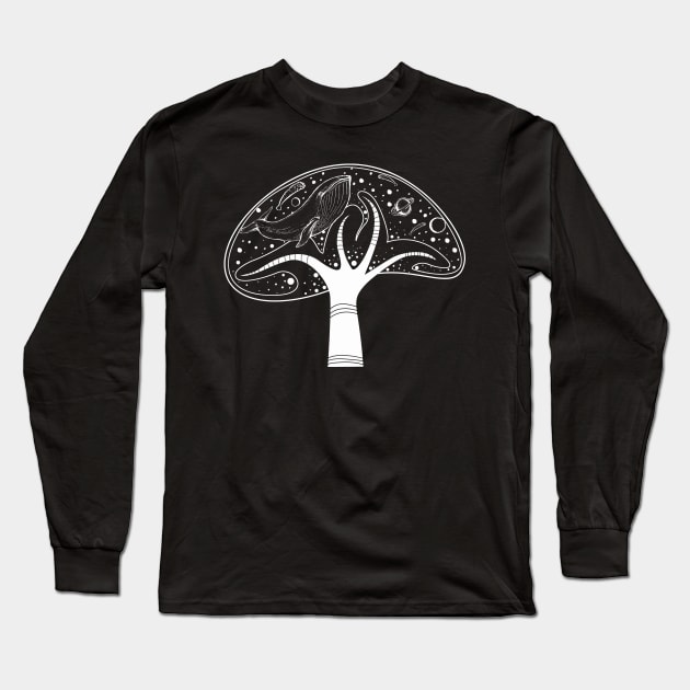 Whale in Mushroom Fantasy Lineart Long Sleeve T-Shirt by Foxxy Merch